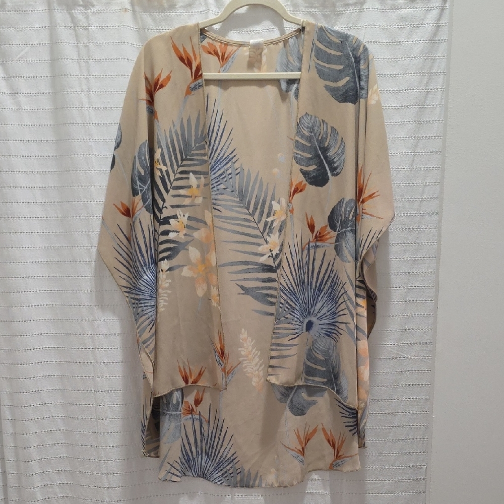 I JOAH Tan and Blue Leaf Print Kimono - Picture 4 of 6
